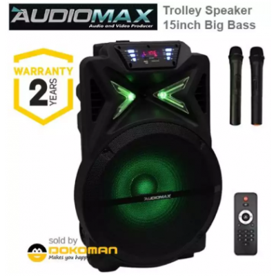 AudioMax 15 inch Trolley Speaker Woffer HI-Fi System (AM-1501) With 2 pcs Wireless Mic